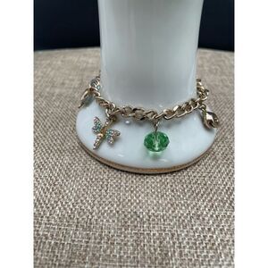 BETSEY JOHNSON CHARM BRACELET GREEN BLUE HEART CRYSTAL DRAGONFLY BUG FISH SUMMER